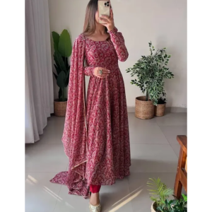 Maroon colour Digitally printed Gown and Duppata Set for woman