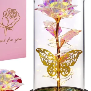 Galaxy Rose Flower and LED Light Night Lamp with Butterfly for Women & Girls.(multi-color)