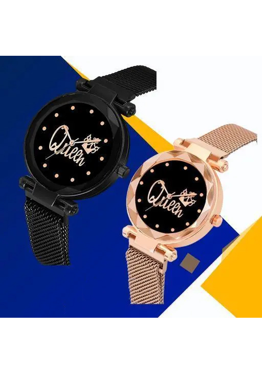 Black Women Magnet Watch Combo Ladies Rose Gold Queen Wrist Watches Combo